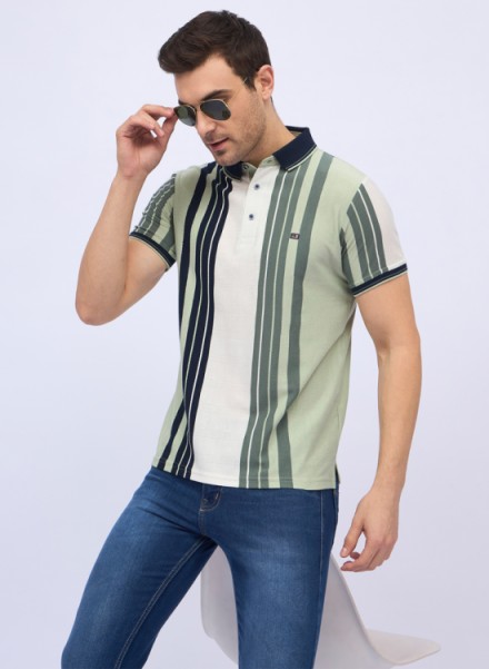 Mens Half Sleeve Cotton Striped Branded Polo T-Shirt